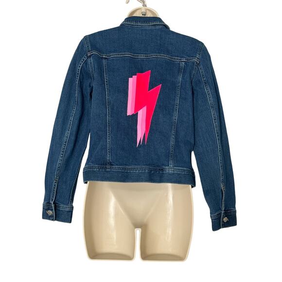 J.Crew Classic Denim Jacket in Medium/Dark Wash Lightning Bolt Design Size XS - Picture 2 of 13